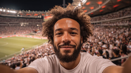 Smiling man taking selfie photo inside large crowded football stadium full of cheering fans under bright lights during evening match atmosphere