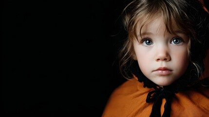 Pensive child in Halloween costume on dark background
