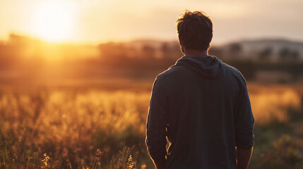 Back view of man standing alone in wide golden field looking towards horizon during warm peaceful sunset outdoors scenic nature landscape