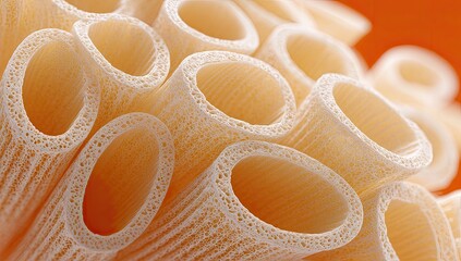 Fototapeta premium Close-up view of numerous pasta tubes, close-packed, light beige color, with intricate internal structure, appearing like coral or bone. Orange background
