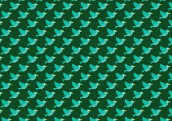 Teal birds flying on dark green background pattern.