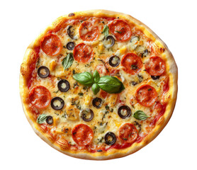Delicious and flavorful pepperoni pizza with fresh basil leaves and black olive toppings ready to eat transparent background