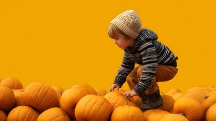 Child exploring pumpkin patch on yellow background