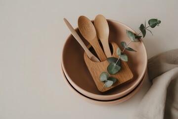 Wooden Spoon Arrangement: A meticulously styled shot features wooden spoons artfully arranged within earthen bowls, accented by a touch of eucalyptus. Simple yet captivating visual