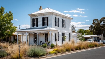 White Victorian house with dark shutters, veranda, and landscaping