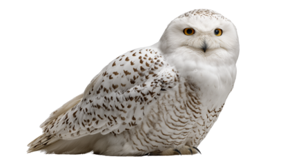 Snowy owl in clean side profile showing pure white feathers and deep eyes, natural pose, real look, full view, on white background, 4k, unique, no blur, clear view