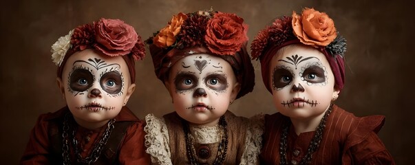 Triplets in Day of the Dead Festival Costumes