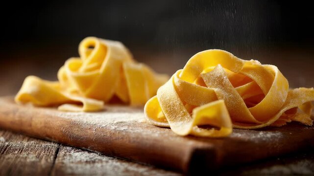 A dynamic image of freshly formed pappardelle being released onto a lightly dusted wooden board inviting you into the world of classic cooking and gastronomic delights.