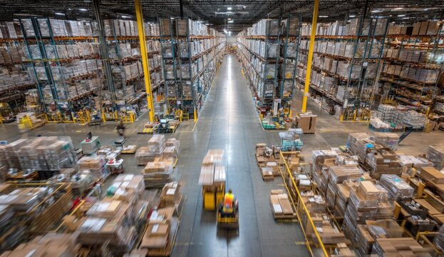 High angle view of vast warehouse, rows of stacked goods, forklift moving, and workers