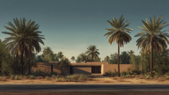 Desert home, palm trees line a road