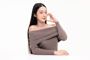 Portrait of young Asian beautiful woman with K-beauty make up style and healthy and perfect skin...