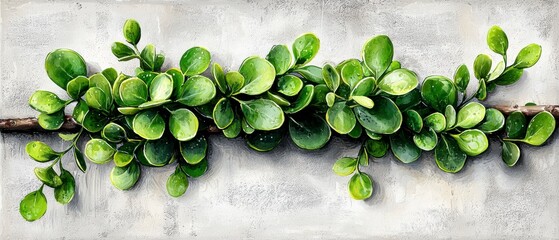 Lush Green Plant Branch on Textured Background.