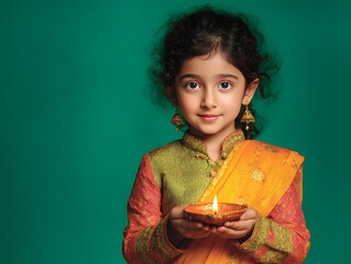 Young girl celebrating Diwali festival with a lit candle