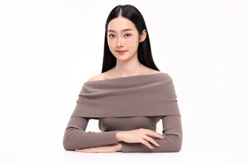 Beautiful young Asian woman with healthy and perfect skin on isolated white background. Facial and...