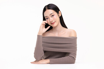 Portrait of young Asian beautiful woman with K-beauty make up style and healthy and perfect skin...