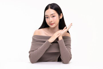 Beautiful young Asian woman with healthy and perfect skin on isolated white background. Facial and...