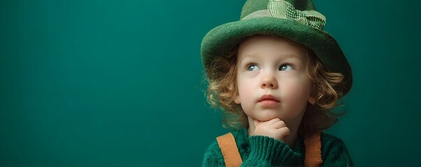 Cheerful preschooler in festive St  Patrick s Day outfit