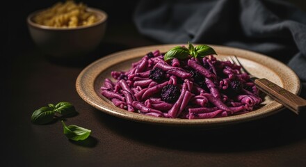 Dramatic Still Life: Vibrant Purple Pasta with Blackberries and Fresh Basil