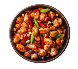 Delicious and spicy kung pao chicken dish served in a rustic wooden bowl on transparent background