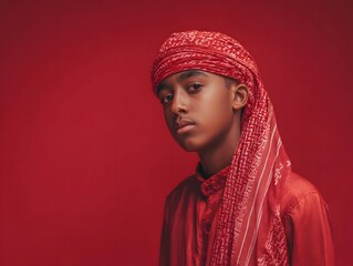 A teen dressed for Eid al Adha festival against a crimson background