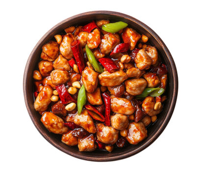 Delicious and spicy kung pao chicken dish served in a rustic wooden bowl on transparent background