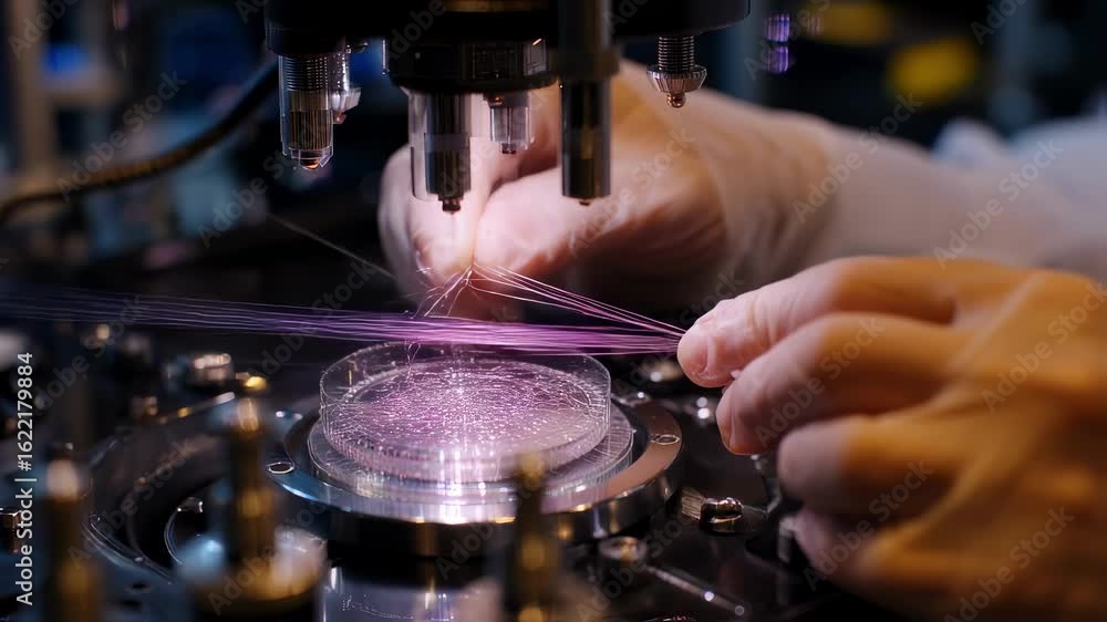 Poster gloved scientist weaving delicate optical fibers with specialized machinery in a high tech laborator