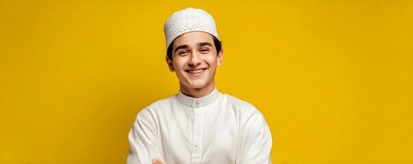 Portrait of a smiling man in traditional attire against a yellow background
