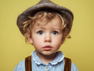 Charming toddler in traditional festival outfit against yellow backdrop