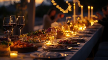 A festive outdoor dinner party glowing with candlelight featuring wine salads under evening golden