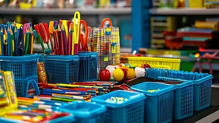 Colorful school supplies and toys in plastic containers - Powered by Adobe