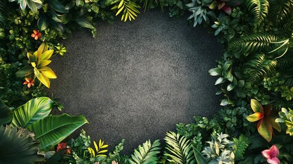 Tropical plants creating a vibrant frame on textured background - Powered by Adobe
