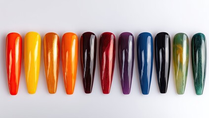 Colorful, polished nails in a spectrum of shades