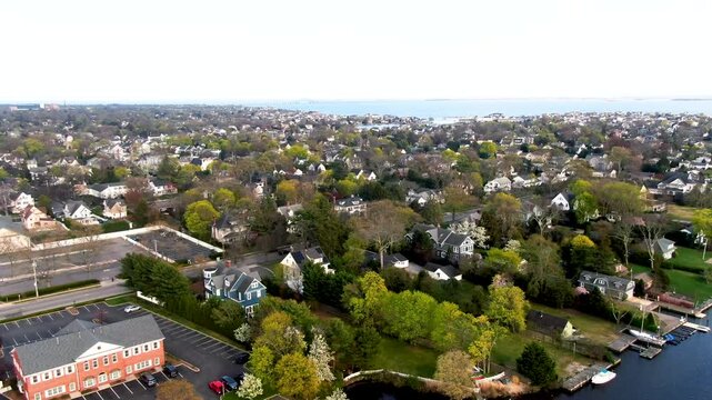 Aerial over Babylon, New York, panning from Great South Bay to Argyle Lake Park