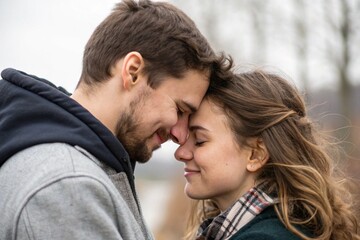 Obraz premium A couple is hugging each other while wearing hats and scarves
