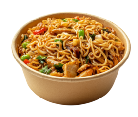 Delicious asian noodles with vegetables and meat served in a paper bowl on transparent background