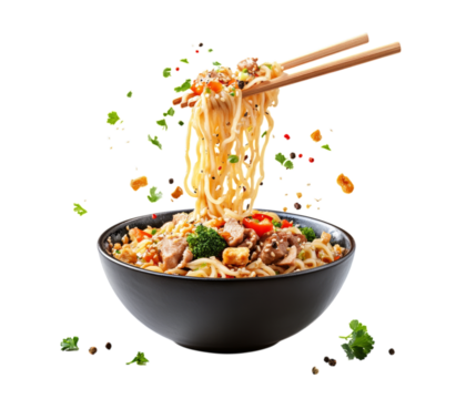 Delicious asian noodles with vegetables and meat served in a black bowl with chopsticks transparent background