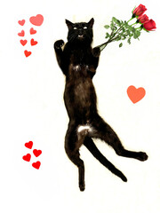 Funny cat with hearts and bouquet of red roses.
