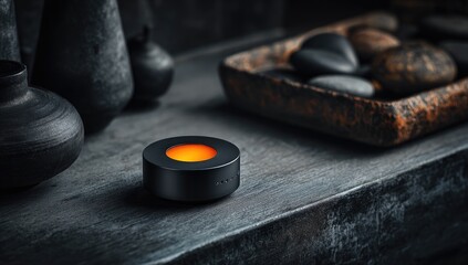 Dark countertop display with small, black, round object.  Orange light emanating from center.  Surrounded by dark, antique-looking pottery and stones