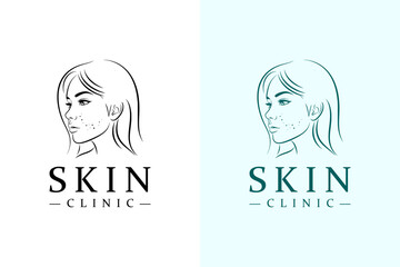 minimal girl face with acne dots vector illustration, icon, logo for herbal, acne, anti aging, skin care, skin wellness, skin clinic, luxury facial spa, cosmetics brand, dermatologist, and more