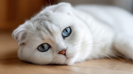 Fluffy white cat with large blue eyes resting on a light-colored floor