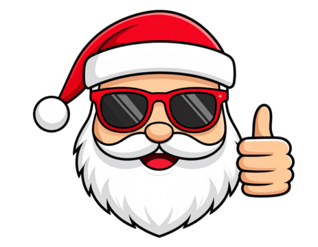 Cool Santa Emoji Face with Sunglasses and Thumbs Up, Minimal Line Art Style, isolated transparent background png