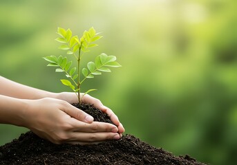 A symbol of hope: hands supporting a small plant in soil, set against a lush green background.

