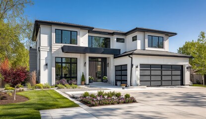 Modern, white house with black accents, large windows, and landscaped yard
