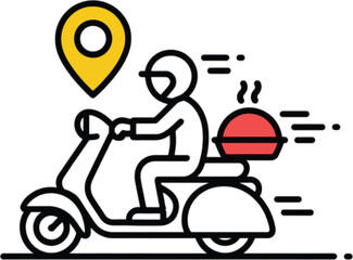 Person riding scooter delivering hot food with location pin delivery