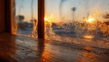 Iced window at sunset, warm wooden sill