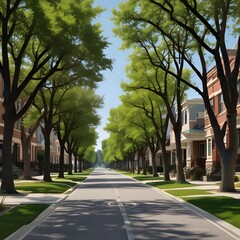 Obraz premium Serene Suburban Streetscape with Lush Green Trees and Beautiful Houses