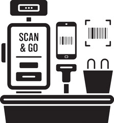 Self checkout kiosk with scanner and shopping bag barcode smartphone