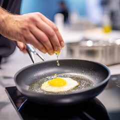Chef's hand cracking egg into hot pan