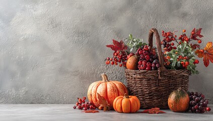 A fall cornucopia with berries, leaves, and pumpkins on the table against a grey wall background.