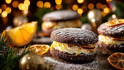 A festive display of chocolate cookies with orange cream filling, dusted in confectioner's sugar and garnished with dried orange slices.